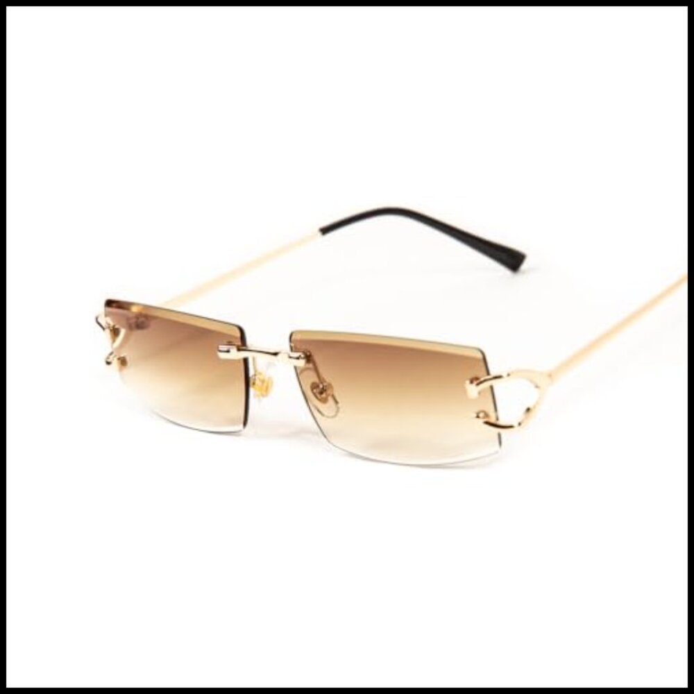 Retro Slim Rectangular Sunglasses Gold Frame Riml… - image 5